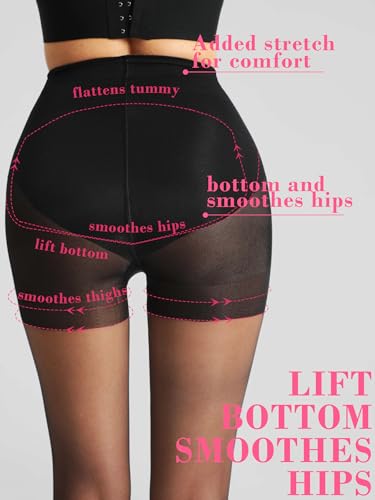 HONENNA Tummy Control Pantyhose for Women Control Top Sheer Tights Black Nylons Shaping Stockings 2 Pairs3
