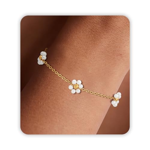 Pearl Bracelets for Women, Dainty Gold Bracelet Silver Prom Pearl Jewelry for Wedding, Trendy Daisy Bracelet Heart Bracelet as Simple Bridesmaid Gifts Floral Jewelry Brazaletes Para Mujer