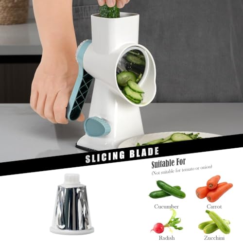 Image of Badelite Cheese Grater Hand Crank Rotating Cheese Shredder Stainless Steel Vegetable Slicer Grater for Kitchen 3 Blades for Cheese, Carrot, Cucumber, Nuts, Chocolate, White