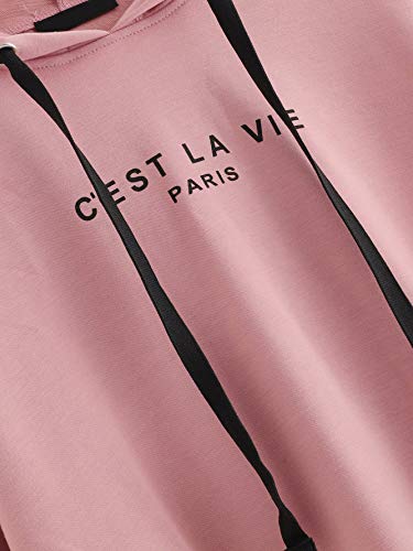 Romwe Women's Women's Letter Print Sweatshirt Raw Hem Drawstring Crop Top Hoodie Pink# M