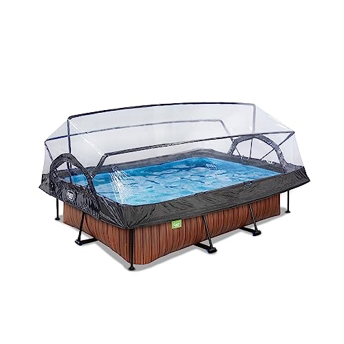 EXIT TOYS Piscine Tubulaire Wood avec Dôme Multifonctionnel - 220x150x65cm - Piscine Hors Sol Rectangulaire avec Pompe Filtrante - Entrée Basse - pour l'eau...
