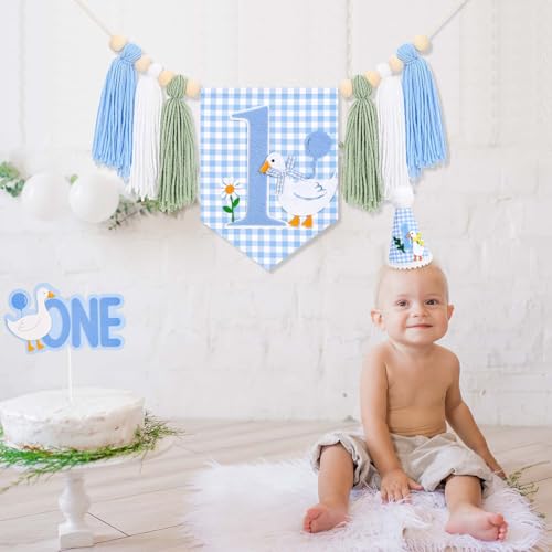Image of Goose 1st Birthday Highchair Banner Goose Theme Blue Ginghams Tassel Banner Hat Cake Topper Highchair Photo Prop for Boy Birthday Party Decorations