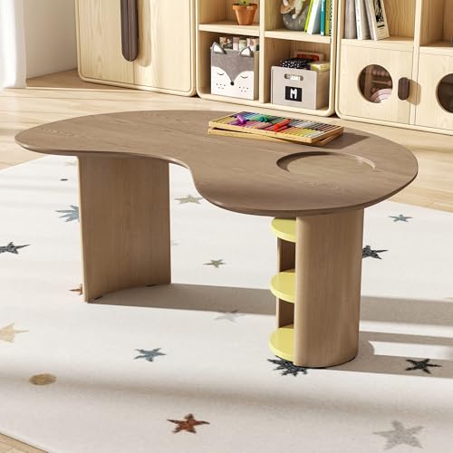 Image of Kids Table, Toddler Activity Table with Storage, Wood Kid Drawing Art Tables, Children Desk for Kids Ages 3-8, Kidney Sensory Table Train Tables for Toddlers Boys /Girls Room /Playroom, Yellow