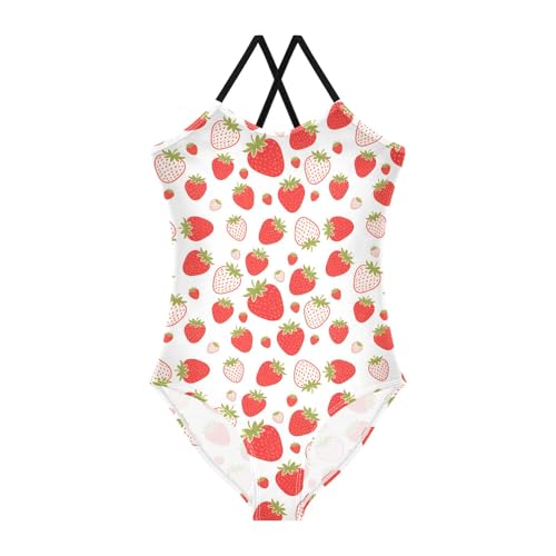 senya Girls Swimsuits One-Piece Swimwear Tie Bathing Suit Beach Summer Round Neck 9-10T Red Strawberry Pattern