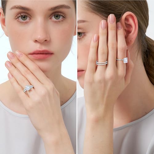 Image of Moissanite Wedding Ring Set for Women, D Color VVS1 Cushion /Emerald Cut Bridal Set Wedding Bands S925 Sterling Silver with 18K White Gold Plated Engagement Anniversary Rings for Her Size 4-8.5