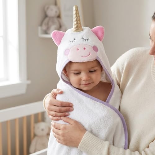 Image of EVERYDAY KIDS Hooded Baby Toddler Bath Towel for Girls - 3D White Unicorn Towel with Horn; Soft and Absorbent Terry Cloth Hooded Towel for Young Kids; Baby Girl Bath Essential