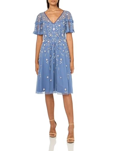 Image of Adrianna Papell Beaded Midi Dress With Sheer Ruffled Sleeves