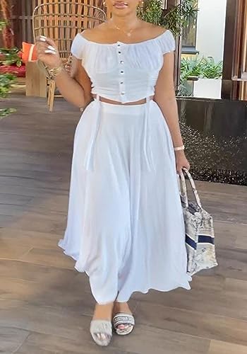 2 Piece Skirt Outfits for Women Sexy Off Shoulder Top Maxi Flowy A Line Skirts Casual Set3