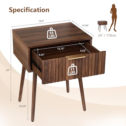 Image of VINGLI Fluted Nightstand with Drawer, 19 inch W Mid Century Modern Nightstand for Bedroom, Bedside Table, End Tables Bedroom, Wood Night Stand, Walnut, 18.9 inch W*14.96 inch D*24 inch H