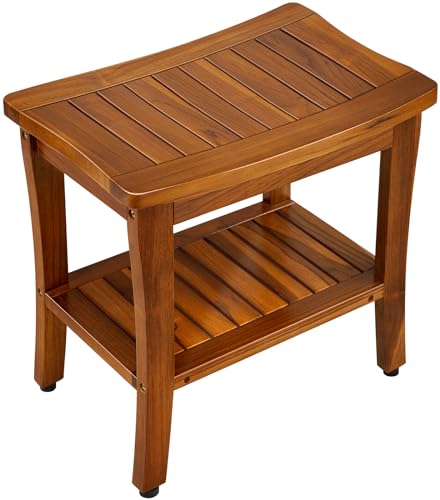 TEAKMAMA 20\" Teak Shower Bench Waterproof Wood Shower Chair for Inside Shower Teak Stool with Shelf for Bathroom Sturdy Shower Seat for Elderly, Assembly Required