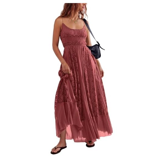 Gacaky Summer Dress for Women Casual Lace Floral Embroidered Bohemian Maxi Dress Flowy A Line Beach Long Dresses Rose Small