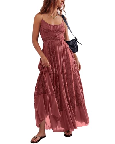 Gacaky Summer Dress for Women Casual Lace Floral Embroidered Bohemian Maxi Dress Flowy A Line Beach Long Dresses Rose Medium