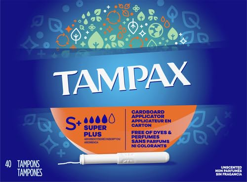 Image of Tampax Cardboard Tampons for Women Super Plus Absorbency, Anti-Slip Grip, LeakGuard Skirt, Unscented, 40 Count (Pack of 4)