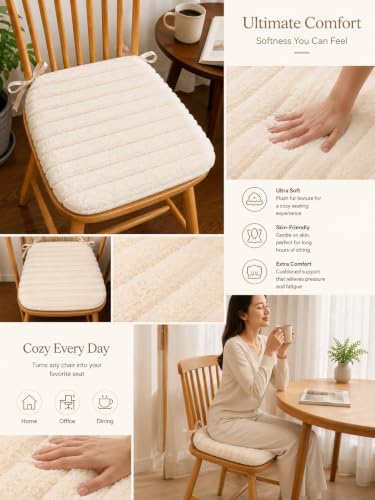 Image of COZY FURNISH Ivory White Solid Fluffy Chair Seat Cushions with Ties, 16x16 Inch Faux Fur Dining Chair Pads with Foam Filling, Pack of 2