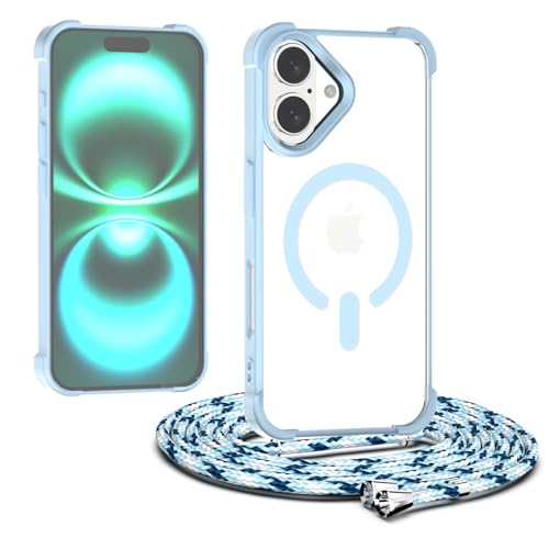 Étui MagSafe iPhone 16 Plus premium transparent avec cordon bleu