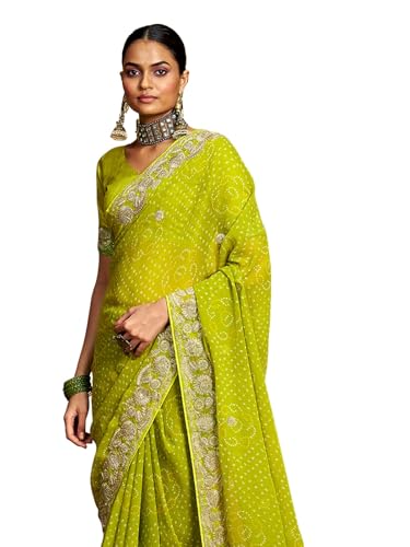 Image of Satrani Women'S Georgette Embroidery Bandhani Printed Saree With Unstitched Blouse Piece