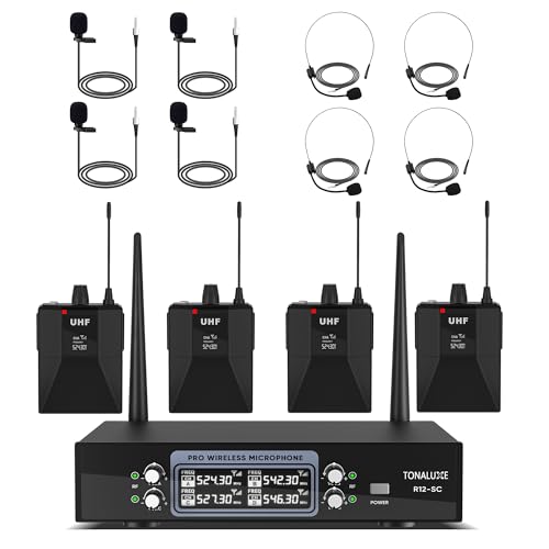 TONALUXE 4 Channel Wireless Lapel Microphone System with 4 Headset Mics, 4 Lavalier Mics, UHF Metal Receiver, 4 Bodypacks, Independent Volume Control, 262ft Range for Home, Classroom, Church, Events