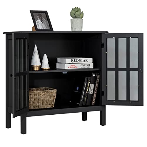 Aipunlus Sideboard Mit Glastüren - Massivholz Anrichte 2 Türen 1 Schublade