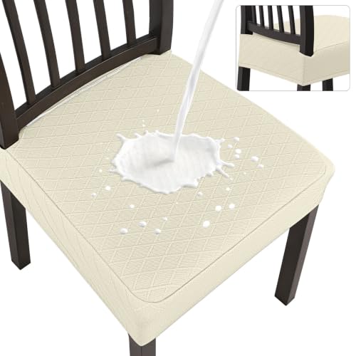 Image of SearchI Waterproof Dining Chair Seat Covers Set of 6, Hook and Loop Tape Stretch Chair Covers for Dining Chairs, Washable Dining Room Seat Cover Protector (Beige)