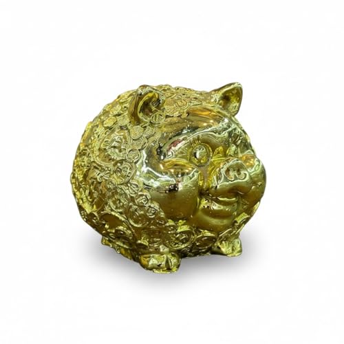 Gold Piggy Bank Figurine, Resin, Coin-Embossed Design, Bright Gold Finish, 2.76 Inch Tall, Decorative Savings Bank