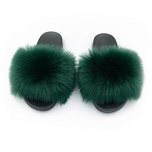 Image of Women's Faux Fur Slides Slippers Fluffy Fuzzy Sandals Open Toe Furry Slide Flip Flop Indoor Outdoor