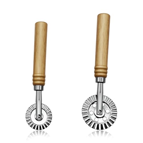BLPRKOT 2 Pièces Roulette Coupe Pate Patisserie, Roulette Raviolis avec Manche en Bois Coupe-Ravioli Pizza Boulette Dentelle Fabrication Rouleau Coupe-Pâte Outil...