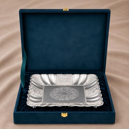 Image of Diviniti Silver German Silver Decorative Tray for Home Decor | Luxury Square Silver Plated Serving Tray for Dry Fruits, Sweets & Fruits | Floral Embossed Gift Platter with Box