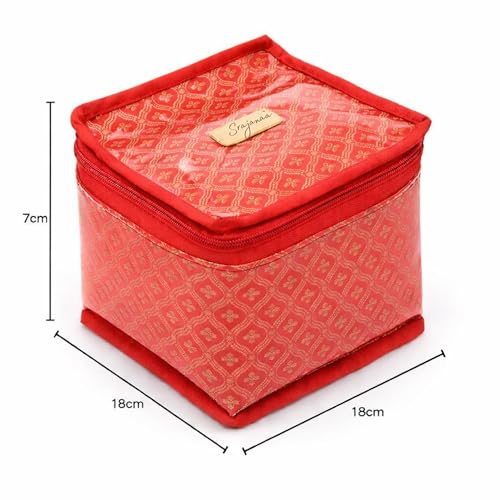Image of Satin Red Jewellery Box Vanity Bag with 10 Pouches | Necklace, Bangle, Ring & Accessories Organizer for Women | Compact Travel Storage Solution