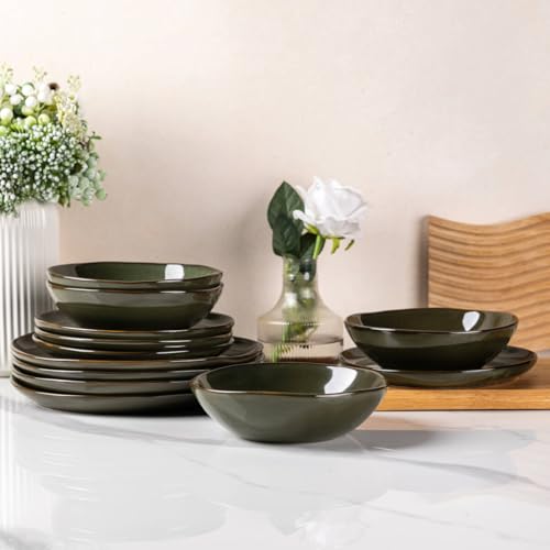 Image of AmorArc Ceramic Dinnerware Sets for 4, 12Pcs Plates and Bowls Sets Dishes | Stoneware Handmade Reactive Glaze Dinner Set, Highly Scratch Resistant | Dishwasher & Microwave Safe Dishware