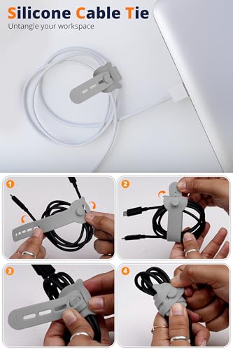 Image of LivingBasics 10 Pcs Silicone Reusable Cable Ties /Wire Ties /Adjustable Cable Organizer /Elastic Cord Organizer /Reusable Silicone Cord Straps for Earphones, PC, Wires, Chargers, Desk (Grey)
