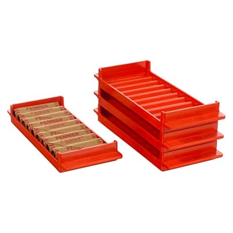 BankSupplies Penny Rolled Coin Storage Tray | Red | 5 Dollar Capacity | 1 Tray Included | Coin Organizer | Rolled Coin Box | Stackable Rolled Penny Holder Cover