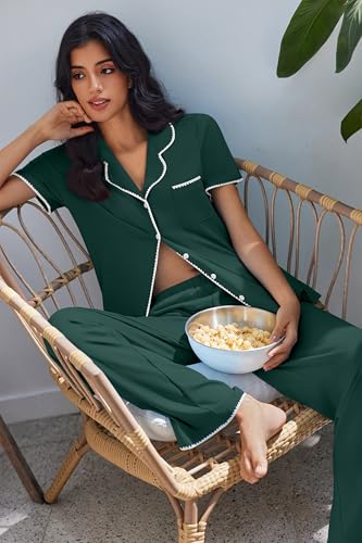 Image of Ekouaer Pajamas for Women Set Button Up Soft Pjs Short Sleeve 2 Piece Lounge Sets Comfy Sleepwear