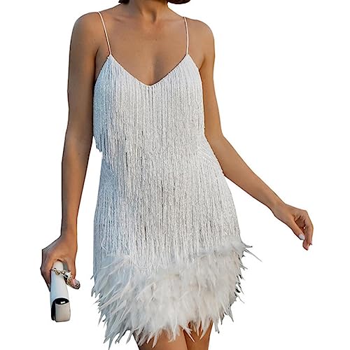 Vestidos de Tirantes para Mujer, Ropa de Verano Elegante de Lujo para Fiesta de Noche, sin Mangas, Cuello en V, borlas, Plumas, Vestido Corto para Discoteca, Ropa de Calle-a-XL