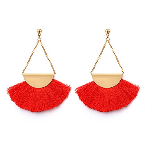 Fan Shape Tassels Dangle Stud Earrings For Women's Girls Bohemia Ethnic Eardrop Jewellery by SUNSCSC (W683A)