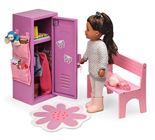 Image of Badger Basket School-Style Single Doll Locker Set with Bench, Rug, and Accessories - Purple and Pink Design for 18-Inch Dolls