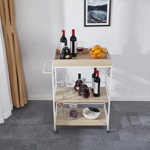 Befrases Bar Serving Cart Home Mobile Kitchen Serving cart on Wheels 3-Tier Wine Cart with Storage,Removable Tray, Industrial Vintage Style Wood Metal Serving Trolley, White (US in Stock)