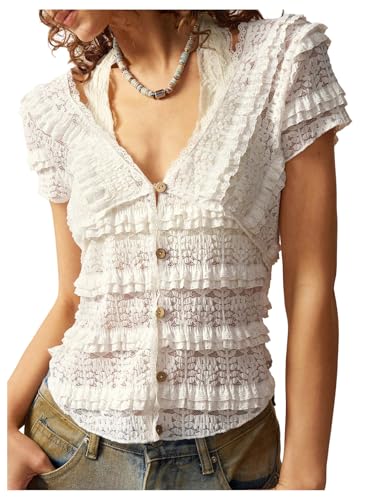 GORGLITTER Women's Button Up Lace Ruffle Shirt Short Sleeve Deep V Neck Layered Frill Trim Tops