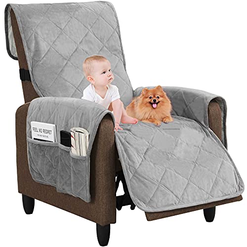 Recliner Chair Cover, Water Proof Chair Cover for Recliner, Secure with Elastic Strap, Recliner Cover for Dogs and Kids, Seat Width Up to 28”(Recliner, Grey)