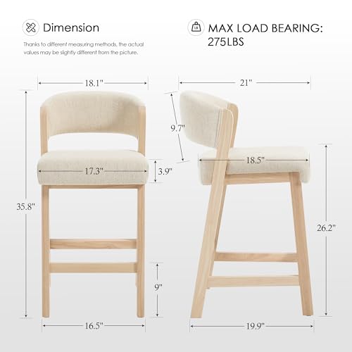 Image of Zesthouse Wooden Counter Height Stools Set of 4, Mid Century Kitchen Bar Stools with Back & Raw Solid Wood Legs, Farmhouse Upholstered Barstools for Kitchen Island, Beige Linen Counter Hieght Chairs