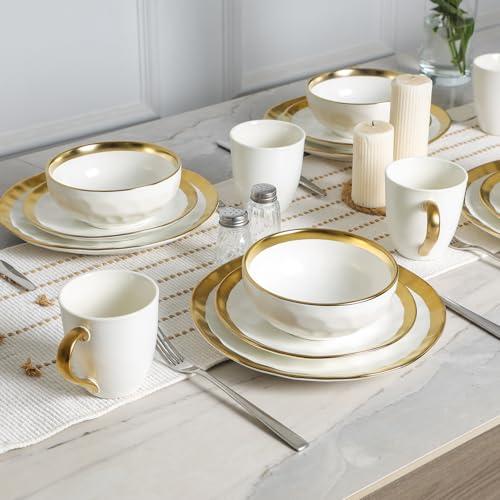 Image of vicrays Ceramic Salad Bowls Set for Kitchen, Serving - 24 Ounce Soup Bowls, Pasta Bowls, Chip Resistant, Dishwasher Safe, NOT Microwave Safe, Fluted, Stoneware, Set of 6 (White with Golden)