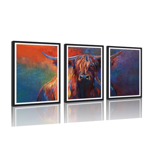 Colorful Highland Cow Framed Canvas Wall Art Set of 3