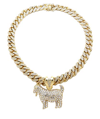 NYFASHION101 Stone Stud Horned Goat Pendant with 12mm Iced Out Miami Cuban Chain Necklace Gold-Tone/30