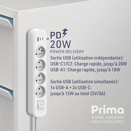 Electraline Prima 35620 Steckdosenleiste mit 4 Steckdosen, 16 A + 3 USB (1 USB A + 2 USB C PD20 W) mit Schalter, Kabel 1,5 m, Weiß