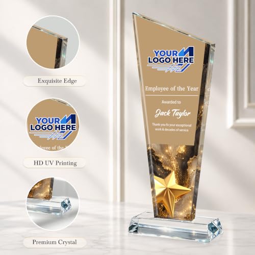 Image of Custom Crystal Trophy Award Personalized Plaque Award with Text Logo Photo Awards Trophies for Employee Recognition Team Graduation Personalized Office Gifts for Boss Coworker Teacher