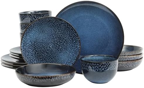 Gibson Elite Matisse 16-Piece Dinnerware Set – Double Bowl Reactive Glaze Cereamic Stoneware in Blue – Plates and Bowls Sets for 4, Microwave & Dishwa...