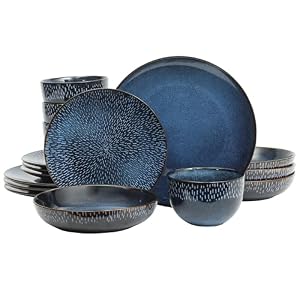 Gibson Elite Matisse Double Bowl Dinnerware Set, Service for 4 (16pcs), Cobalt Blue