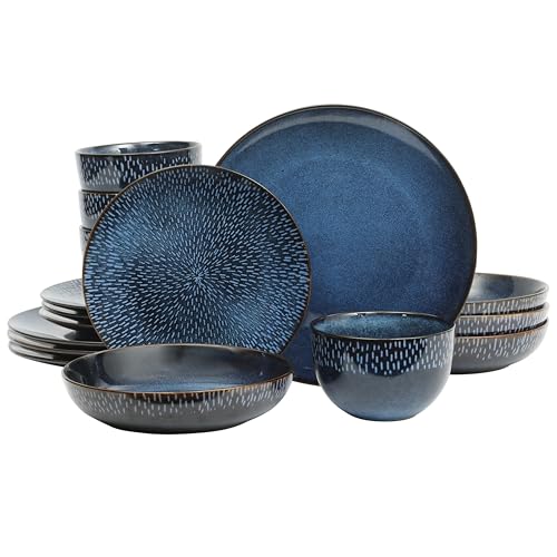 Gibson Elite Matisse 16-Piece Dinnerware Set – Double Bowl Reactive Glaze Cereamic Stoneware in Blue – Plates and Bowls Sets for 4, Microwave & Dishwasher Safe, Rustic Modern Design by Gibson Elite - Used condition - US$55.63