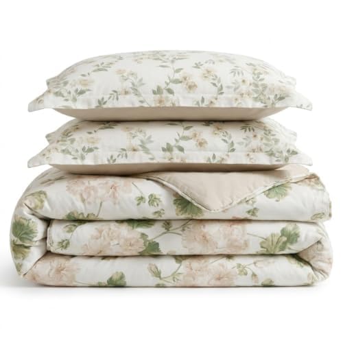 Image of Martha Stewart - Queen Comforter Set, Soft Cotton with Crisp & Tailored Naturally Smooth Cotton Percale Reverse, 3 Piece Bed Set with Matching Pillowcases (Hazel Floral Beige)