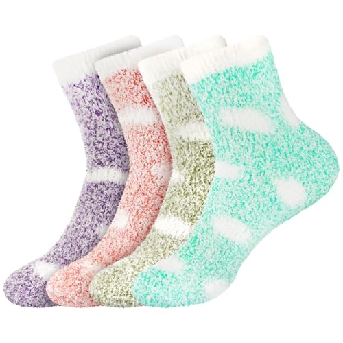 Image of BambooMN Women's Soft Warm Fuzzy Fluffy Polka Dot Cuff Crew Home Socks
