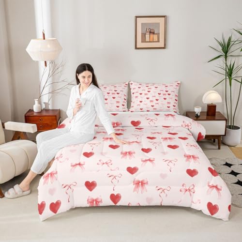 Image of Erosebridal Coquette Bow Full Comforter Set Love Heart Bedding Set for Kids Girls Ribbons Pink Valentine Bed Set Bowknot Bow Tie Princess Quilt Duvet